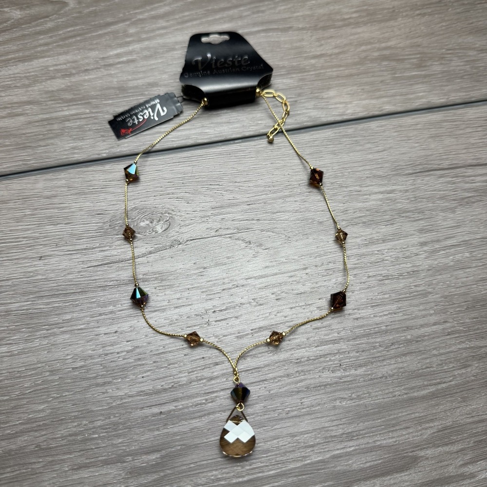Vieste Genuine Austrian Crystal Drop Necklace Gold Tone Brown Teardrop New